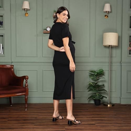 MomToBe Women's Polyester Bodycon Maternity Dress for Pre and Post Pregnancy (Ink Black ; Medium) 4