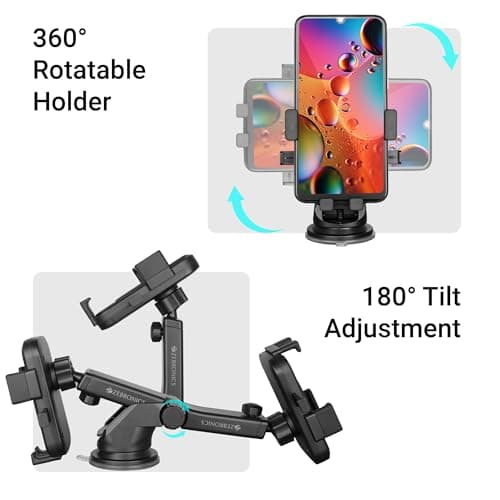 ZEBRONICS CMH110|Car Mobile Smartphones Holder (Up to 6.8")|360° Rotatable|One-Press Lock & Release|Extendable Telescopic Arm|Strong Suction Cup for Windshield & Dashboard|Anti-Skid Silicone Pads 5