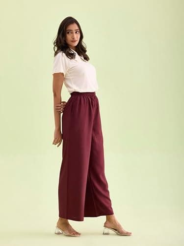 GO COLORS Women Solid Maroon Mid Rise Relaxed Fit Basic Palazzo 4