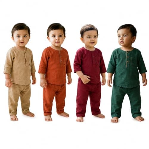 KOSHMOSH Pack of 4-Green, Brown, Rust, Maroon Baby Boys Night Suit 3/4 Sleeves Co-Ord Nightwear Set - Pure Cotton- Soft, Comfy & Perfect for Sleep Time