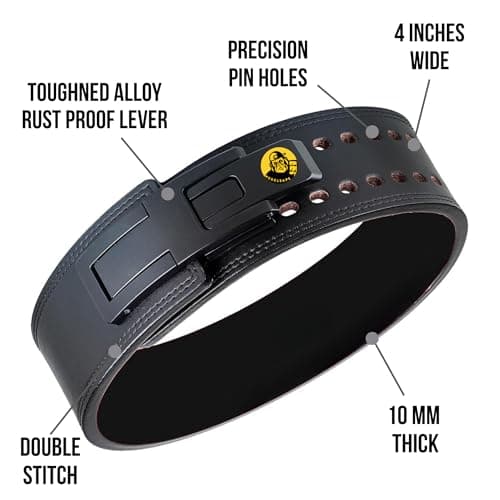 Muscleape 10mm Lever Belt. 4" Wide Genuine Leather. Quick-Release Steel Alloy Lever. Adjustable Powerlifting Belt With Lifetime Brand Warranty. Hard Leather For Professional Athletes. (M) 2