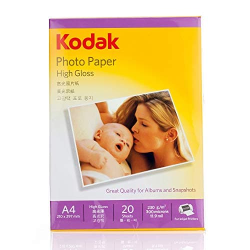 Kodak 230 GSM A4 Glossy Photo Paper Water Resistant, Pack of 20 sheets, Compatible with all Inkjet Printers