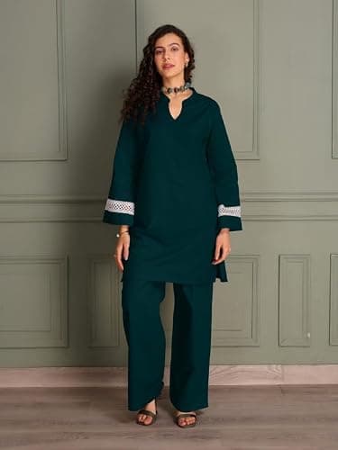 TITTLI Women Pure Cotton Co-Ord Set | Solid Tunic & Trouser Set | Mandarin Collar & V-Neck Tunic with Full Sleeves & Lace | Casual Everyday Wear Set for Women | M | L | XL | XXL 2