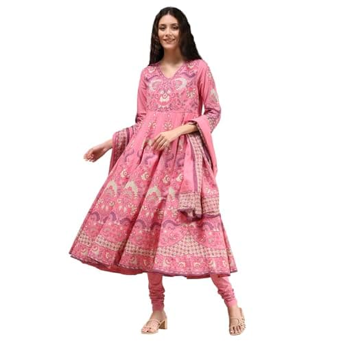 Biba Women Light Pink Cotton Anarkali Printed Kurta Set_32