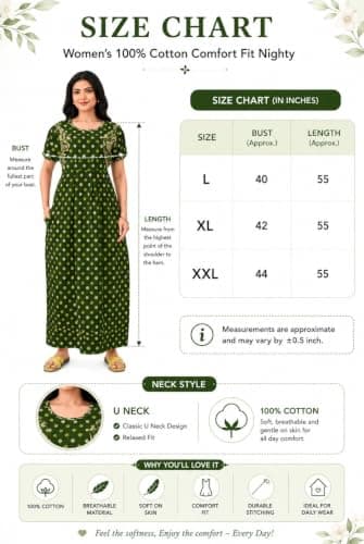 Cotton Nighty for Women | Stylish Maxi Length Night Gown | Soft & Comfortable Nightwear with Pocket | Available in L to 3XL (Olive Floral, XL) 5