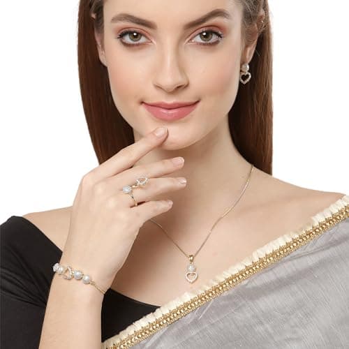 ZENEME Jewellery Set American Diamond Heart Shaped Necklace Set with Earrings, Bracelet and Ring Jewellery for Girls and Women 2