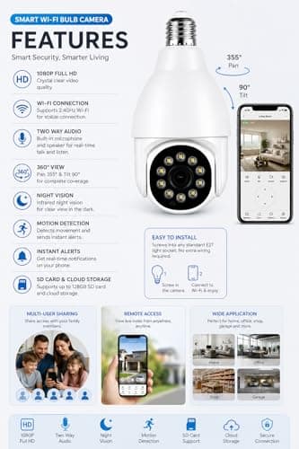 JB Supar 4Mp WiFi Bulb CCTV Camera for Home Security | 360° Rotation | Color Night Vision | Motion Detection Two-Way Audio | Wireless Light Bulb Camera with Mobile App V380 Pro (Heavy Light Camera) 2