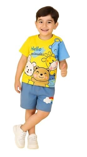 Kids Clothes for Boys | Printed Casual Cotton Tshirt with Denim Shorts | Summer Wear Dress for Kids, Yellow 2-3 year