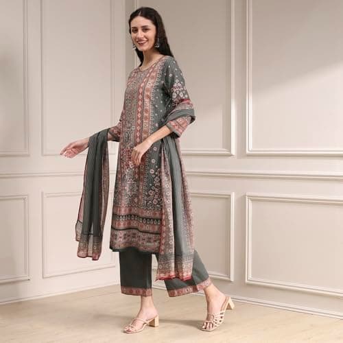 Biba Women Grey Cotton Straight Printed Kurta Set_34 4