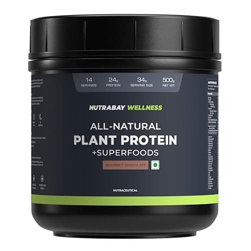 Nutrabay Wellness All Natural Plant Protein - 500g, Gourmet Chocolate | Complete Amino Acid | Pea & Brown Rice Protein | 24g Protein | Easy to Digest | Sweetened with Stevia | For Men & Women
