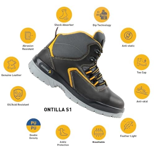 Mallcom Ontilla Black Safety Shoes for Men, Brown Nubuck Suede Leather, High Ankle Safety Boot With Steel Toe, Injected Double Density PU Sole, Light Weight, Comfort and Slip Resistance, 7UK 2