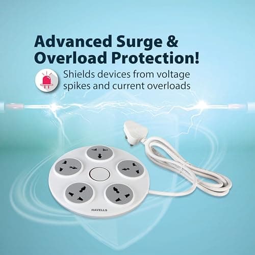 Havells Wheel Star 5X 5+1 Round Extension Board | Overload, Over Current & Over Voltage Protection | 1.5 Mtr Copper Wire | ISI Certified Wire & Plug | Universal 3 Pin 5 Sockets | LED Indicator | Home  5