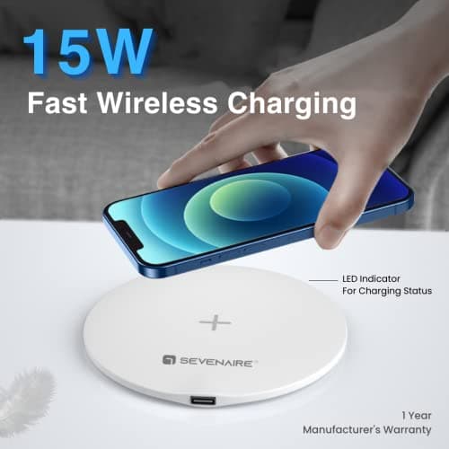 SEVENAIRE WPAD15 Wireless Charger for iPhone 17 to 12 Series, Galaxy S26 to S8, Nothing,Pixel & Other Qi Phones, Type-C PD | 15W Fast Wireless Charging Pad 2