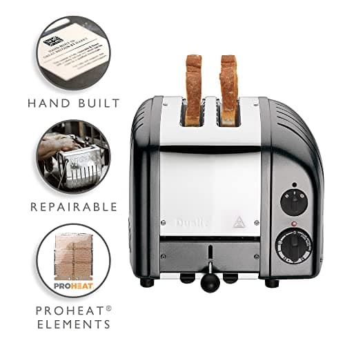Dualit Classic 2-Slice NewGen Toaster - Stainless Steel - Hand Made in the UK - Interchangeable ProHeat elements - Defrost Bread - Mechanical Timer - Metallic Charcoal Classic Toast 2