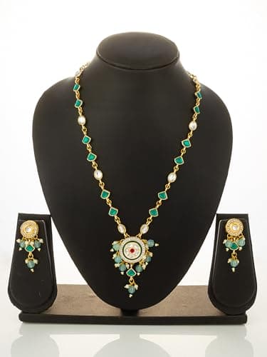BEVOGUE Traditional Green & White Stone Necklace Set for Women | Gold Plated Brass Jewellery Set with Earrings | Latest Trendy Ethnic Jewellery | Wedding & Festive Gift | Ideal Gift Choice (NK4890) 3