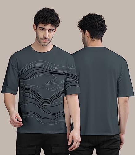 BULLMER Trendy Front Printed Oversized Round Neck T-Shirt for Men - Dark Grey/Medium 2