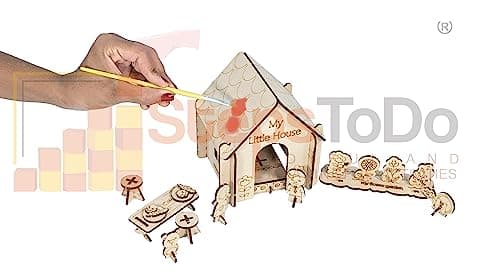 StepsToDo Pop Out Toy House Making Kit. Mini Dollhouse Set. Playhouse with Coffee Table, Seating Stool, Garden, Bed, a Girl Doll, a Boy Doll, and Teddy Bear 3