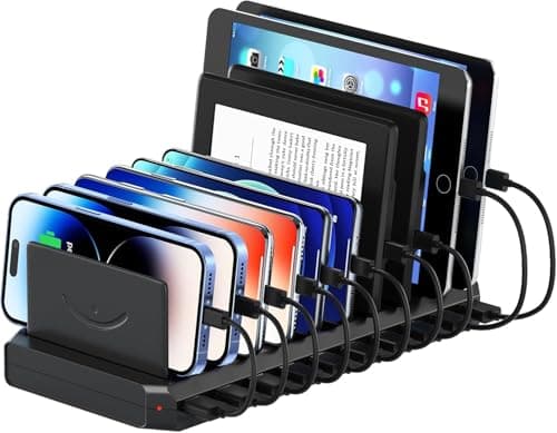 Multi Charging Station, 10-Port USB Charger for Multiple Device with SmartIC Tech and Adjustable Dividers, Organizer Stand Compatible with iPad, Tablet, Kindle, iPhone Speakers (10Port USB)