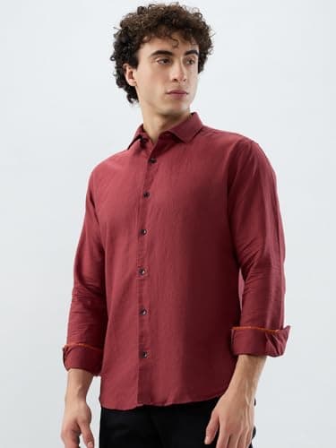 Park Avenue Men Slim Fit Solid Pattern Linen Cotton Blend Semi Cutaway Collar Full Sleeve Casual Shirt Red 3
