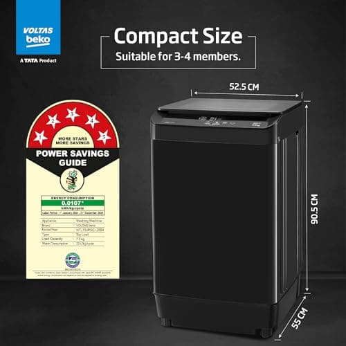 Voltas Beko, Top Load 7 Kg 5 Star Eco Wash/Monsoon Dry Fully-Automatic Washing Machine (WTL70, Water Reuse, Side Waterfall, Mansoon Dry, Dark Grey) 5