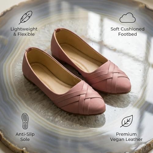 HINAARA Bellies for Women | Blush Pink Lycra Crossover Striped Ballerina Flats | Soft Stretchable Belly Shoes | Anti-Slip Sole | Office College Festive 5