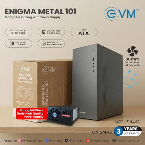 EVM Enigma Metal 101 Computer Cabinet with 500W Enguard Power Supply | Micro ATX/Mini ITX Case | USB 3.0 Front I/O | 0.6mm Metal Body | 2 HDD + 2 SSD Support | 80mm Rear Fan | Black 2