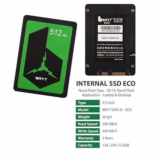 BRYT Eco 512GB SSD SATA III - 2.5 Inch Internal Solid State Drive with Read Speed up to 500 MB/s & Write Speed up to 450 MB/s | 2