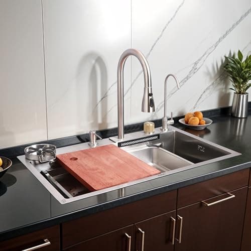 Ruhe® Nano Silver Single Bowl Smart Kitchen Sink with Integrated Waterfall | 30x18x9 inches | 304-Grade Stainless Steel Sink with Cup Washer, Drain Basket, RO Tap and Pull Out Faucet | Matte Finish