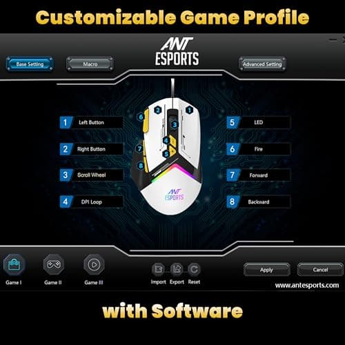 Ant Esports GM333 Smartchoice Wired Gaming Mouse, 12800 DPI Optical Sensor, Ergonomic Design, RGB Lighting, Huano Switches, 1.5M Braided Cable, Inbuilt Software Support, Black/White/Yellow 4