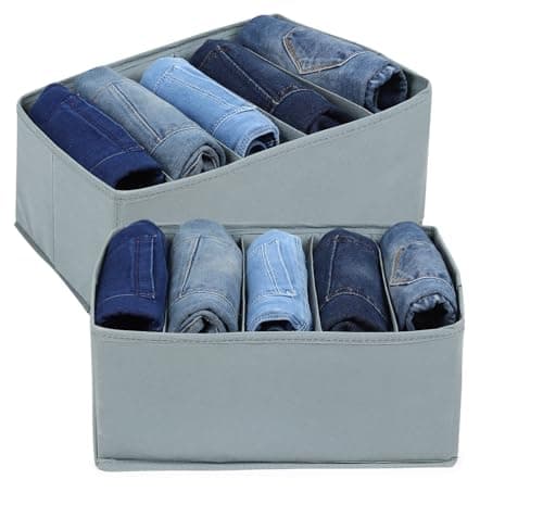 DOUBLE R BAGS Clothes Drawer Organizer for Jeans, Sweaters, Dresses & T-Shirts | Folded Clothes Wardrobe Storage Box | Grey, 26x17x36cm | 5 Compartment | Pack of 2