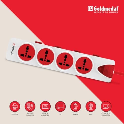 Goldmedal Plugged-in 4x4 Extension Board with Surge Protector | 4 Universal Sockets | 2-Meter Heavy Duty Extension Cord | Individual Switches with LED Indicators | Power Strip for Home & Office 3