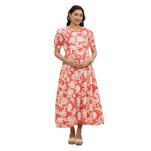 MomToBe Cotton Maternity Feeding Kurti Dress for Women | Pregnancy Dress with Concealed Zippers for Nursing | Comfortable Calf-Length Outfit for Office (Creamy Peach, Large)