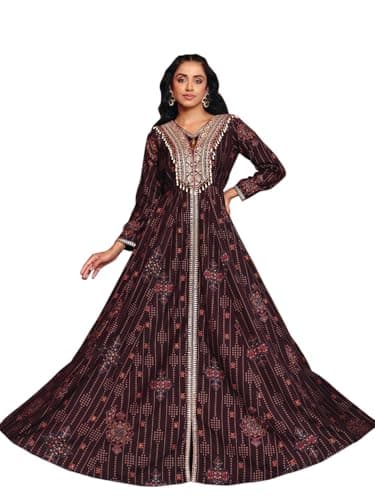 madhuram textiles Women’s Vatican Print Flared Anarkali Gown | Embroidered V-Neck Long Dress | Blue Ethnic Gown(M-2611 Coffee_Large)