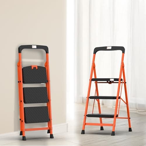 BonKaso Climb Easy 3 Step Heavy Duty Foldable Steel Ladder for Home, Office, Kitchen & Outdoor Use with Safety Lock, Anti-Slip Wide Steps, Support Handle & Tool Tray (Orange & Black)