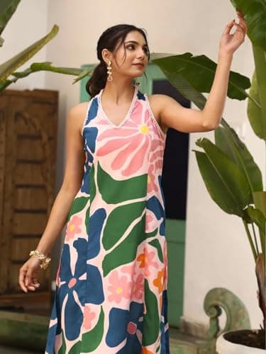 Amazon Brand - Anarva Women's Pure Cotton Sleeveless Hand Block Printed Relaxed Fit Kurta with Pant (tl-Prisha-Multicolor-Large) 4