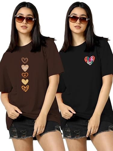 TQH Round Neck Drop Shoulder Multicolor Graphic Printed Cotton Blend Oversized T-Shirt for Women - Pack of 2
