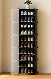 Zemic Multiuse Modular Plastic Shoe Rack for Home with Door | 𝟏𝟎 𝐒𝐡𝐞𝐥𝐟 Stackable Organizer | Waterproof & Dustproof | Space Saving Storage for Home, Bedroom & Entryway【Black, 5-Door-10-Shelf】