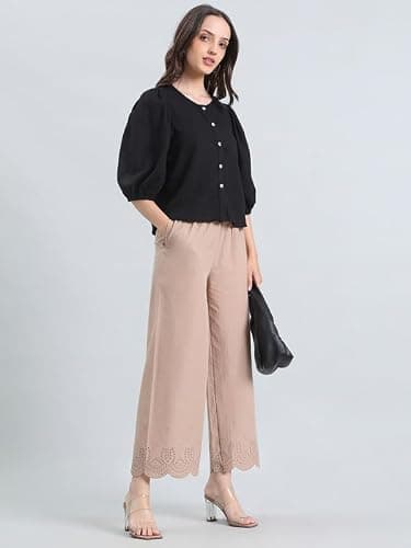 GO COLORS Women’s Cotton Hakoba Palazzo | Ankle Length, Schiffli Embroidery, Relaxed Fit, Mid-Rise with Side Pocket (Beige) 3