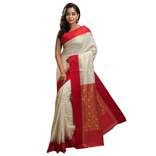 Avik Creations Women's Kanchipuram Art Silk Saree With Running Blouse (AC-706_Red & Off-White)