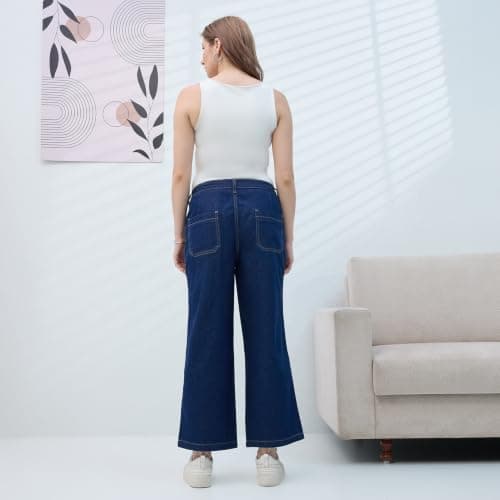 MomToBe Maternity Baggy Jeans for Women | Under Belly Stretchable Waistband | Wide Leg Denim Pants | Comfortable Pregnancy Jeans | Casual Maternity Wear (Denim Blue::XXX-Large) 4