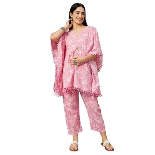 Aaheli Women’s Cotton V-Neck Printed Maternity Kaftan Set with Pant | Soft Nursing Wear | Comfortable Sleepwear for Pregnancy | Baby Pink, M