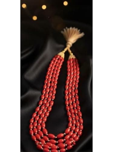 dirix Antique Natural Coral Pink Beads 5 Layer 24 Inch Necklace for Women & Girls | Alloy Layered Statement Jewellery (Red) 3