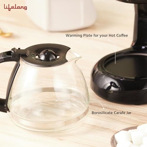Lifelong Drip Coffee Maker for 5 Cups - Coffee Machine with Water Level Indicator, 750ml Borosilicate Carafe Glass Jar of 600W- Detachable Coffee Filter- Coffee Maker Machine for Home & Office (Black) 3