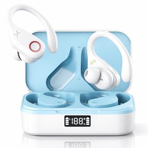 VEHOP YW02 Wireless Earbuds with LED Display, Bluetooth V5.4, 48H Playback Over-Ear Buds with Noise Cancelling Mic, Deep Bass Earphones with Earhooks, IPX7 Waterproof for Sports Running. (White)