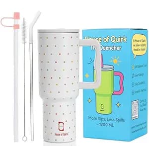 House of Quirk 1200ML Stainless Steel Tumbler with Handle & Lid, 2 Straws – Large Travel Mug Water Cup for Gym, Office & Outdoor Use (Cream Polka)