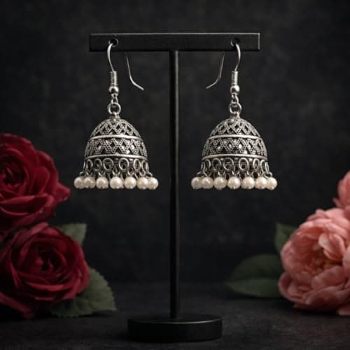ACCESSHER Women's & Girls Traditional Oxidised Afghan Silver-Plated Jhumka Earrings Lightweight Small Size Jhumki Pearl Drops Earrings Boho Style Jewellery For Wedding 4