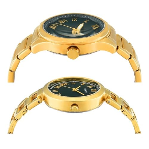 TIMEX Analog Watch for Couple with Green Round Dial & Gold Stainless Steel Bracelet Band Water Resistant Pair's Wrist Watches - TW00PR339 4