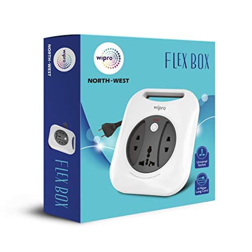 Wipro Flex Box Extension Cord with 1 Universal 3 Pin Socket & 2 units of 2 Pin Sockets,with Master Switch & Indicator | 4 mtr long copper wire | Power Strip for Home, Office | Pack of 1 | Grey & White 4