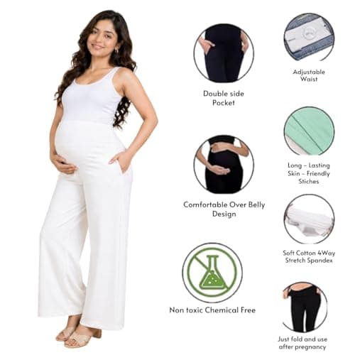 LENAM Soft Cotton Lycra Stretchable Maternity Palazzo with Double Pockets and Full Belly Coverage (in, Alpha, M, Regular, White) 4