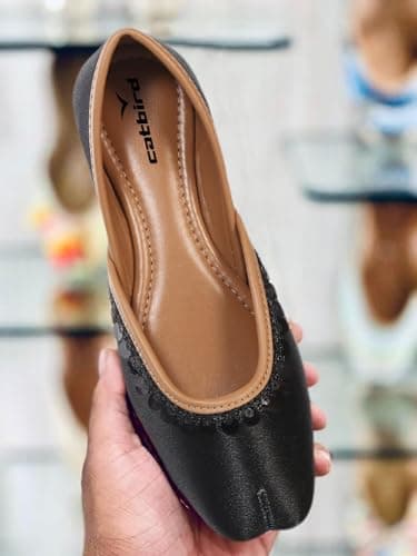 CatBird Women's Black Lace Work Ethnic Shoes Traditional Mojari Punjabi Jutti 8 UK 4